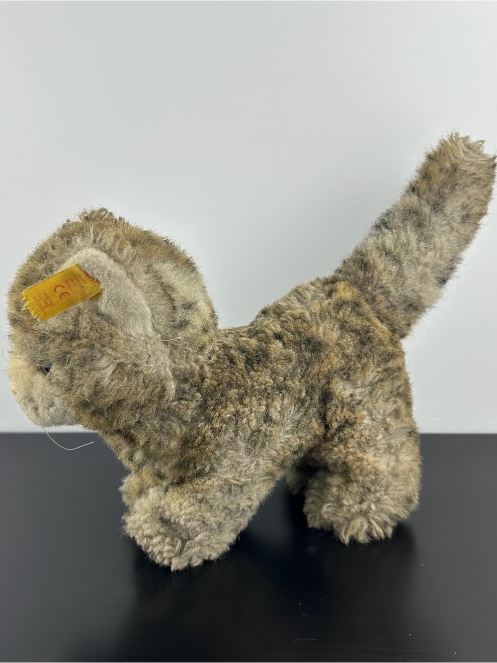Steiff Germany Rare Drolly Tabby Kitty Cat 8” #5780 Gray Brown Plush Green Eyes